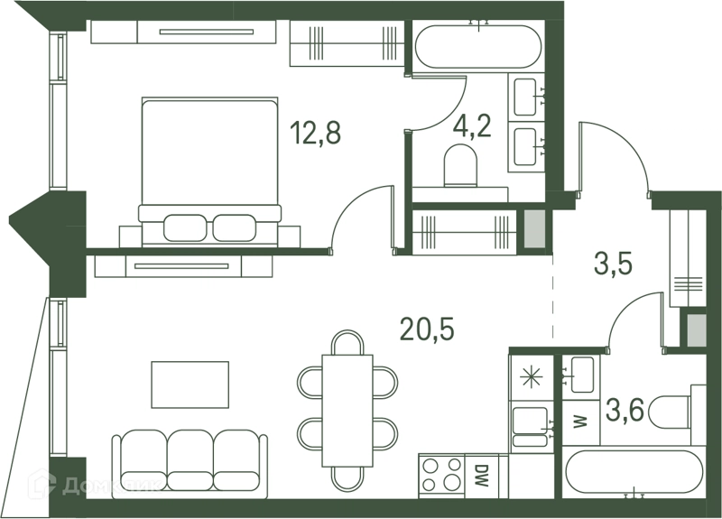 1-комнатная квартира 44.6 м² Моментс