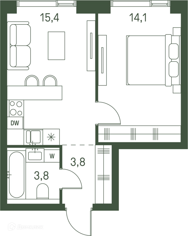 1-комнатная квартира 37.1 м² Моментс