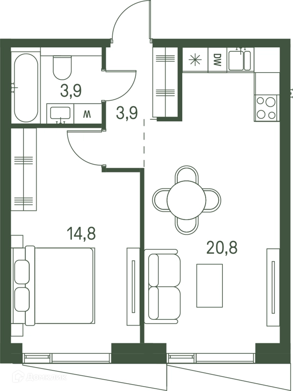1-комнатная квартира 43.4 м² Моментс