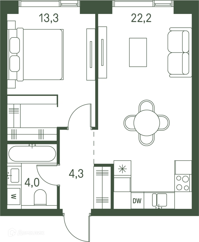 1-комнатная квартира 43.8 м² Моментс