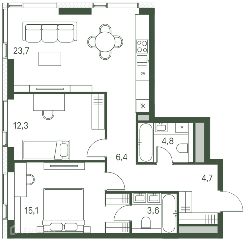 2-комнатная квартира 70.6 м² Моментс