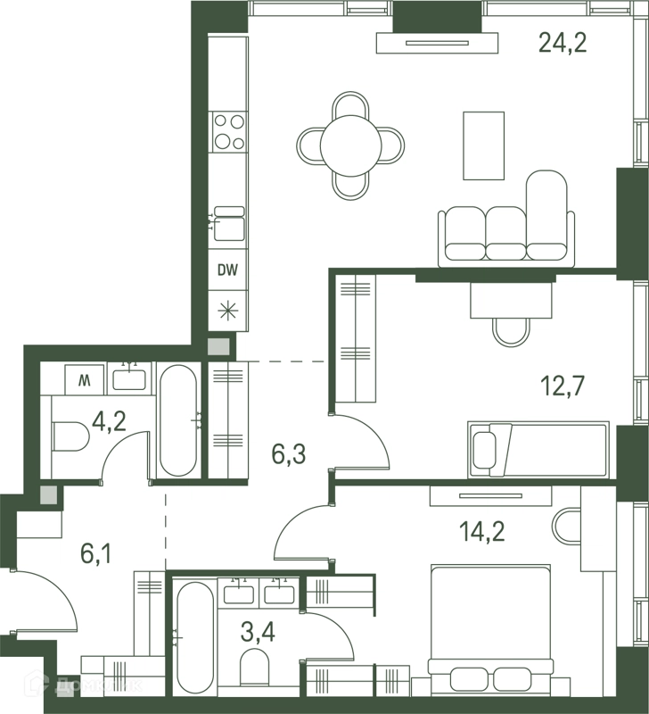 2-комнатная квартира 71.1 м² Моментс