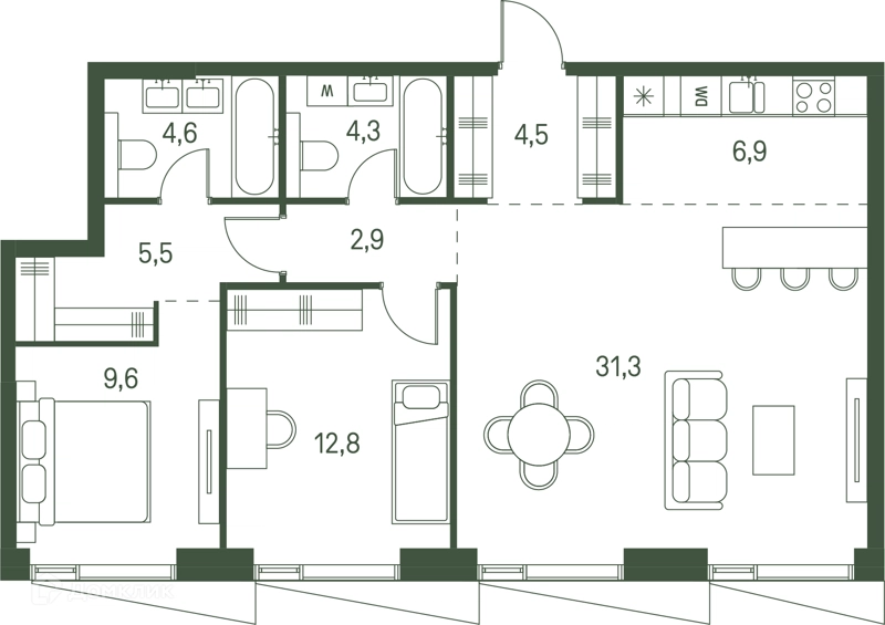 2-комнатная квартира 82.4 м² Моментс