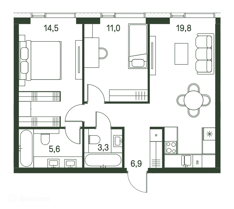 2-комнатная квартира 61.1 м² Моментс