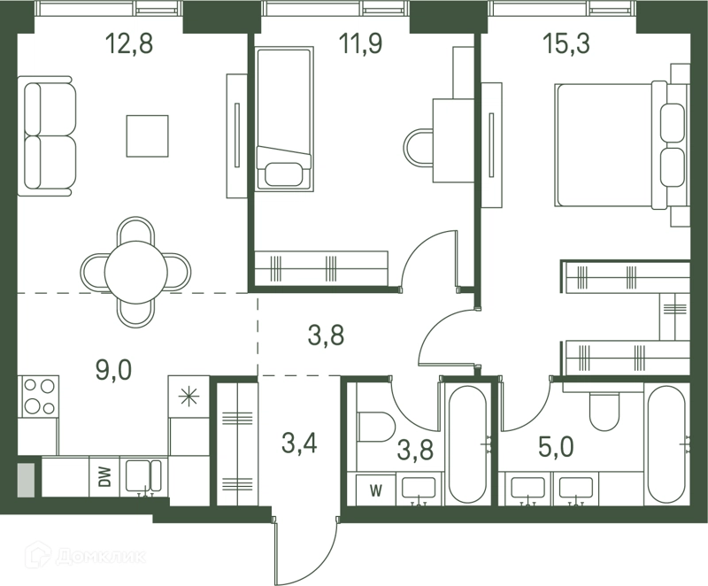 2-комнатная квартира 65 м² Моментс