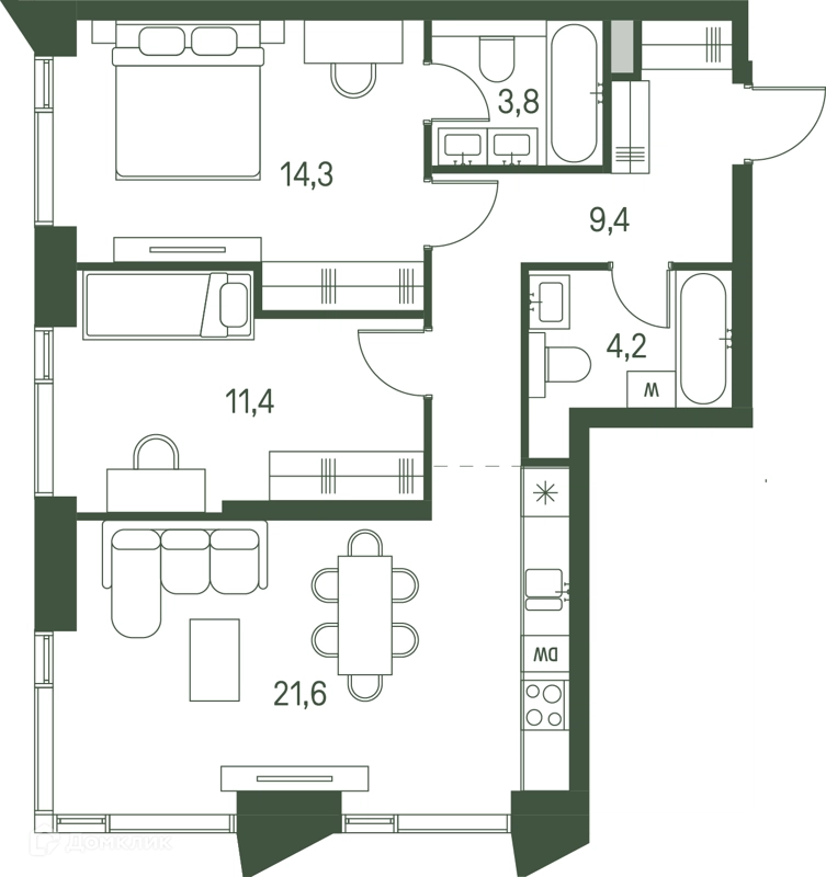 2-комнатная квартира 64.7 м² Моментс