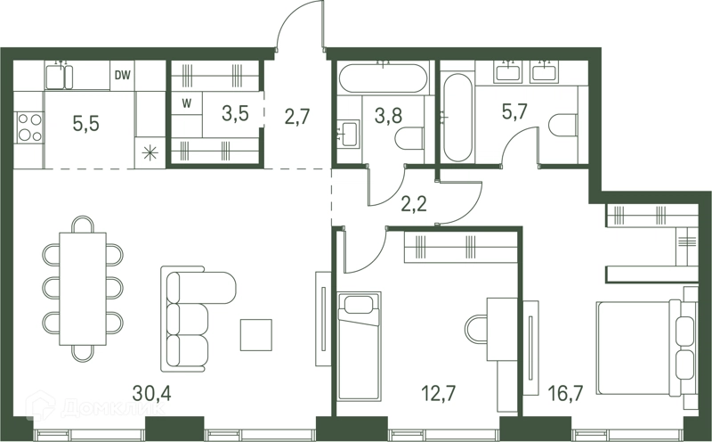 2-комнатная квартира 83.2 м² Моментс