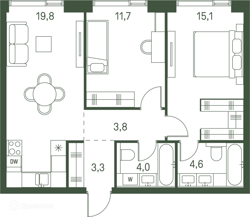 2-комнатная квартира 62.3 м² Моментс