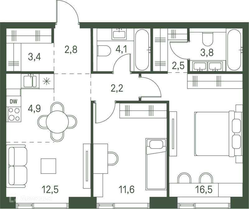 2-комнатная квартира 64.3 м² Моментс