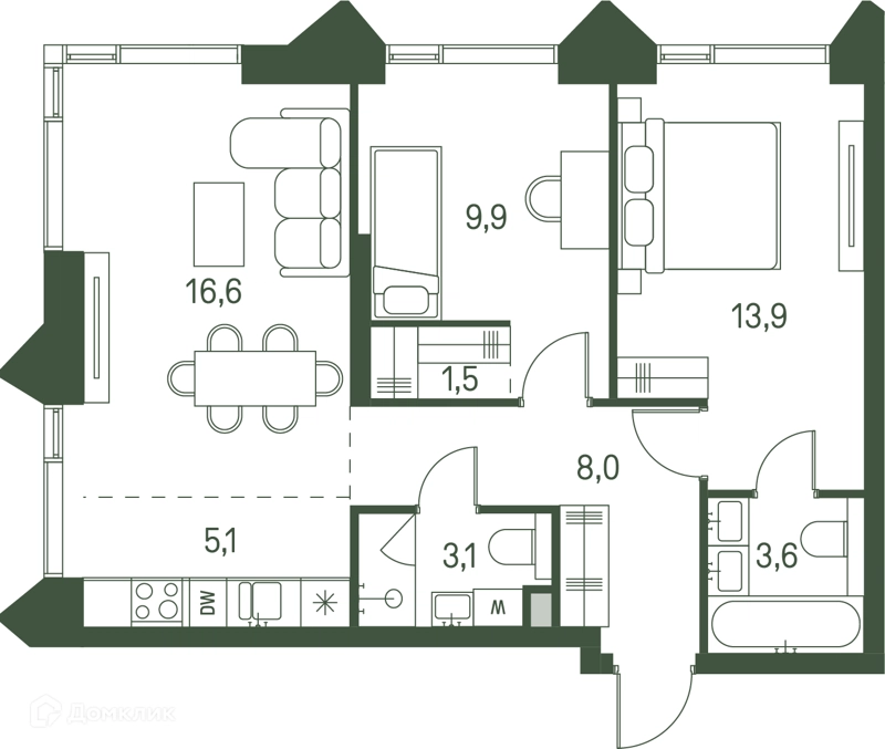 2-комнатная квартира 61.7 м² Моментс