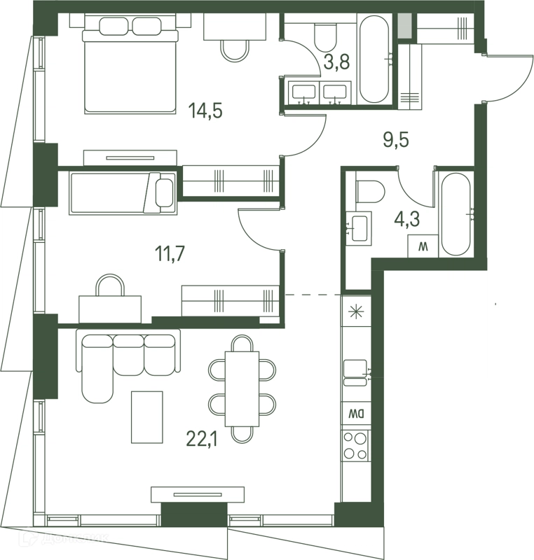 2-комнатная квартира 65.9 м² Моментс