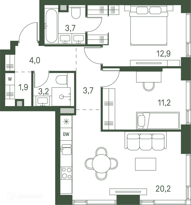2-комнатная квартира 60.8 м² Моментс