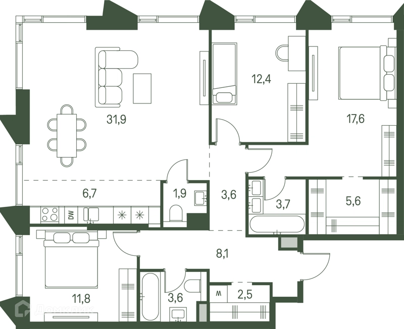 3-комнатная квартира 109.4 м² Моментс
