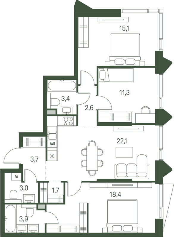 3-комнатная квартира 85.2 м² Моментс