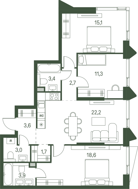 3-комнатная квартира 85.5 м² Моментс
