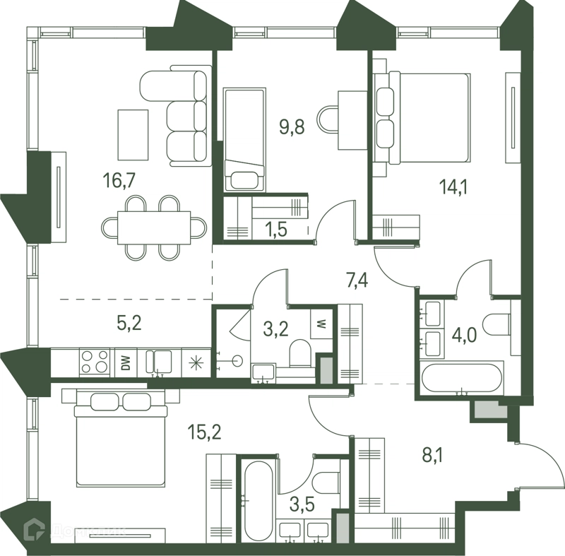3-комнатная квартира 88.7 м² Моментс
