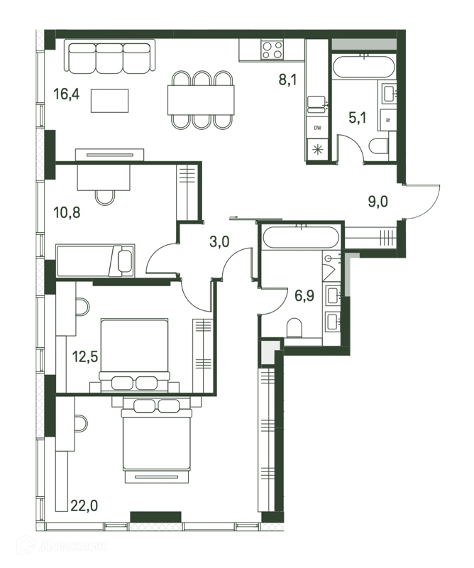 4-комнатная квартира 93.8 м² Моментс