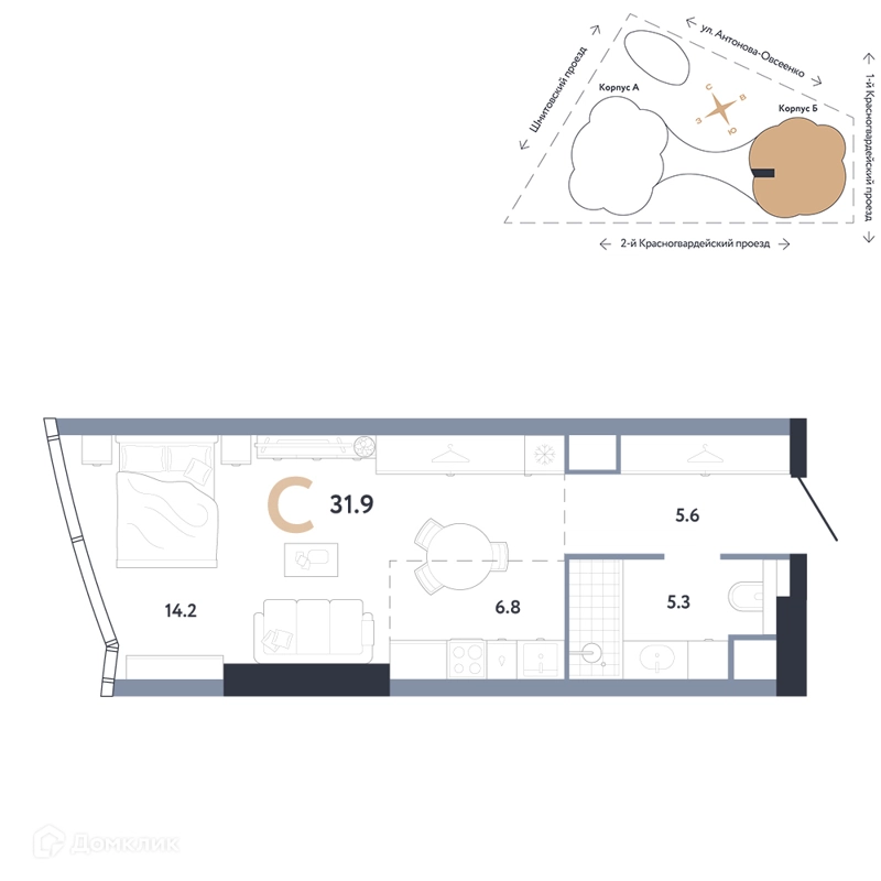 Студия 31.9 м² АУРУС Резиденции