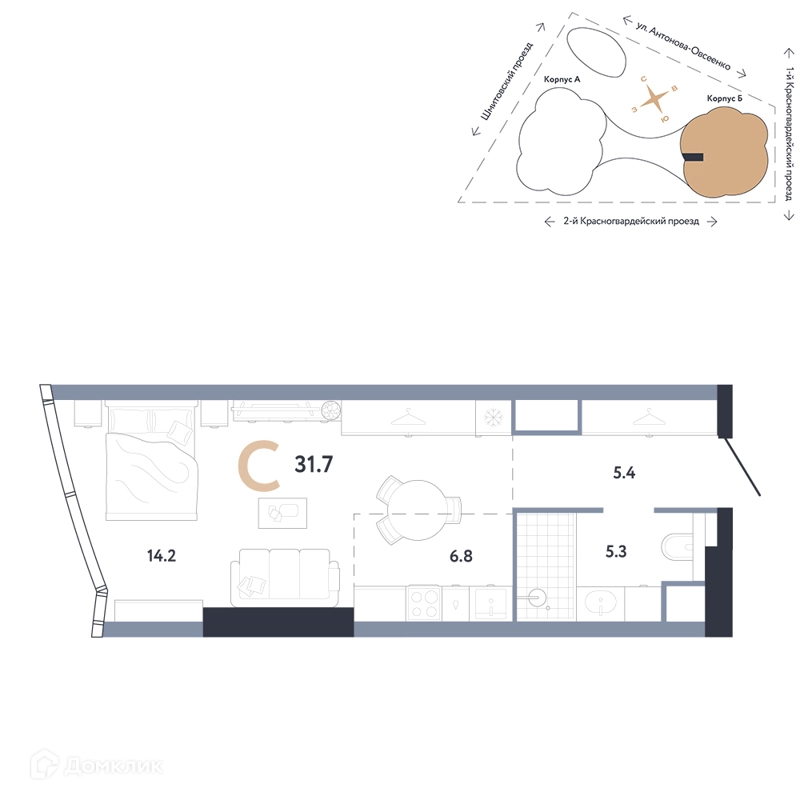 Студия 31.7 м² АУРУС Резиденции
