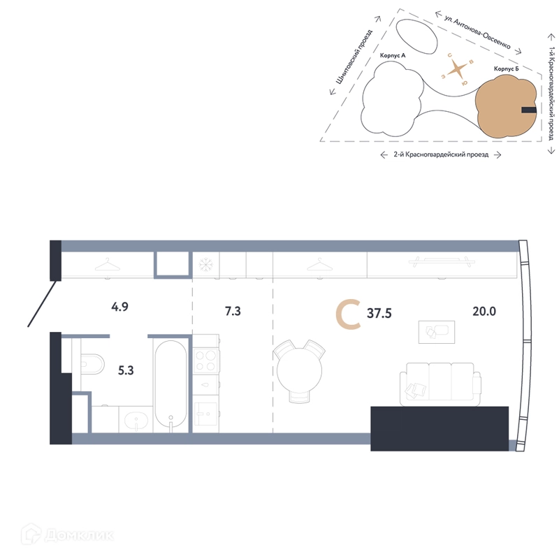 Студия 37.5 м² АУРУС Резиденции