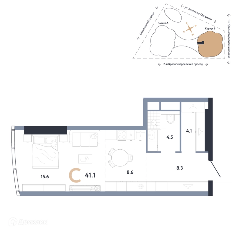 Студия 41.1 м² АУРУС Резиденции