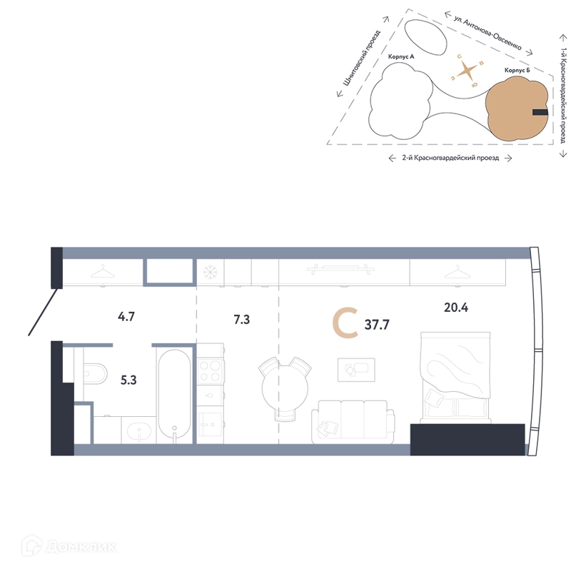 Студия 37.7 м² АУРУС Резиденции