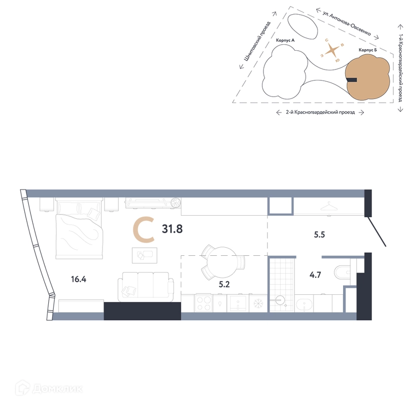 Студия 31.8 м² АУРУС Резиденции