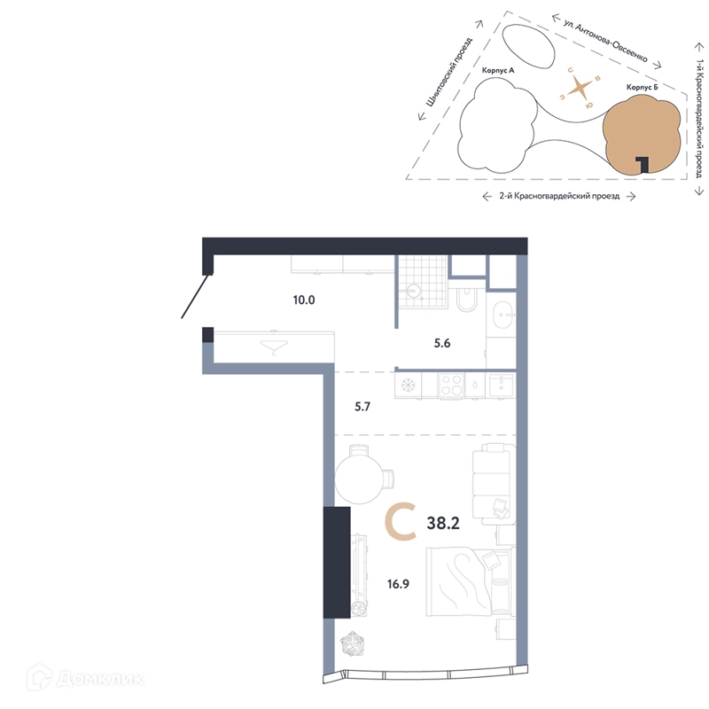 Студия 38.2 м² АУРУС Резиденции