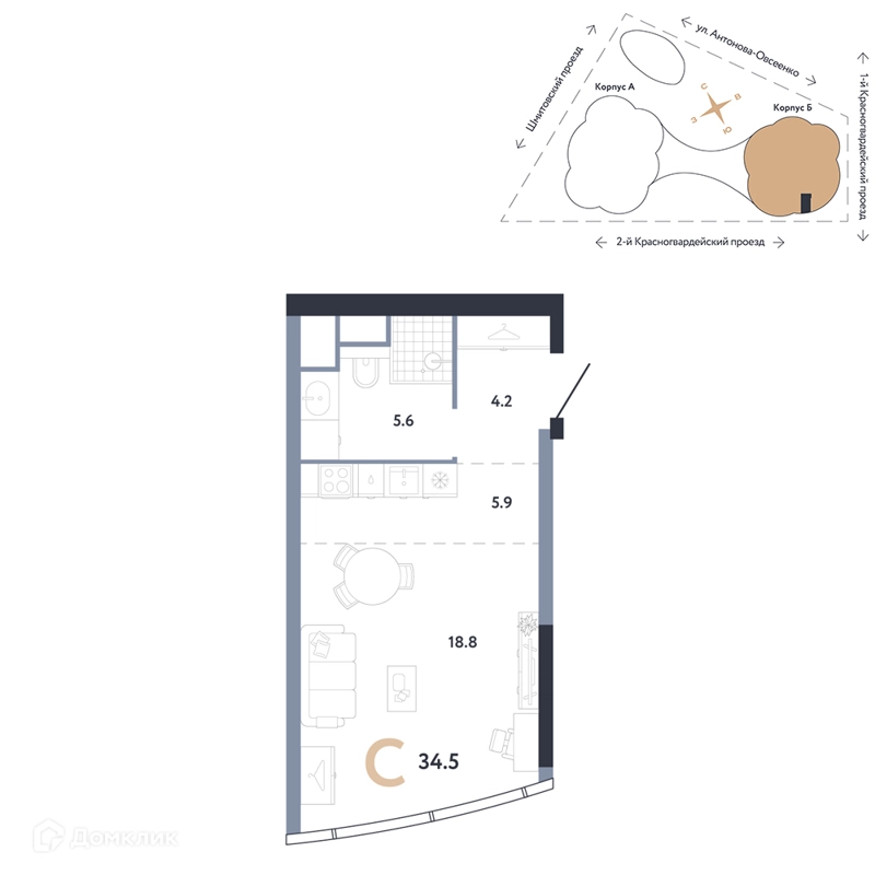 Студия 34.5 м² АУРУС Резиденции