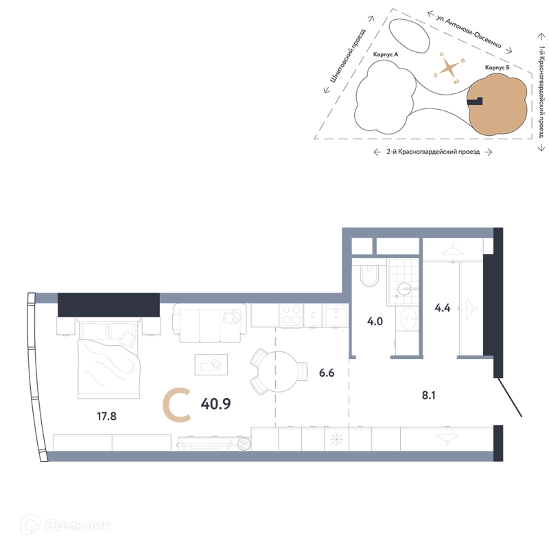 Студия 40.9 м² АУРУС Резиденции