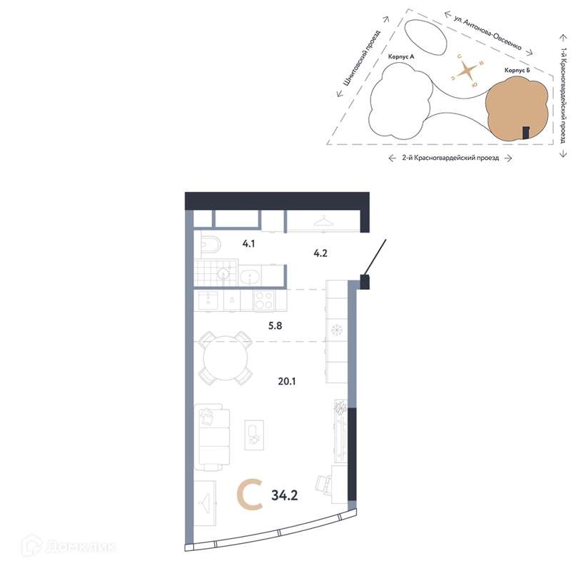 Студия 34.2 м² АУРУС Резиденции