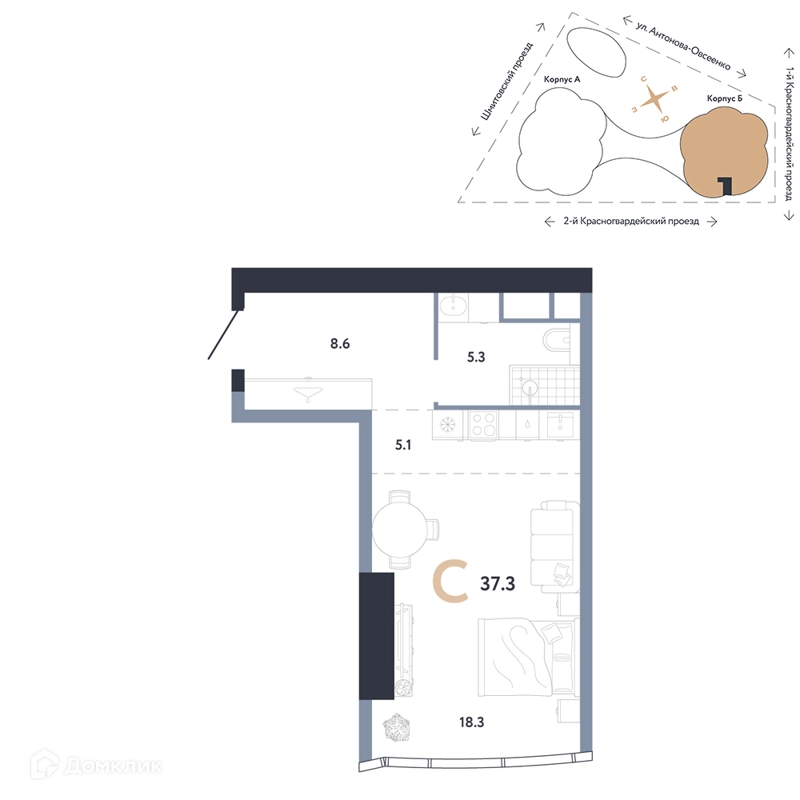 Студия 37.3 м² АУРУС Резиденции