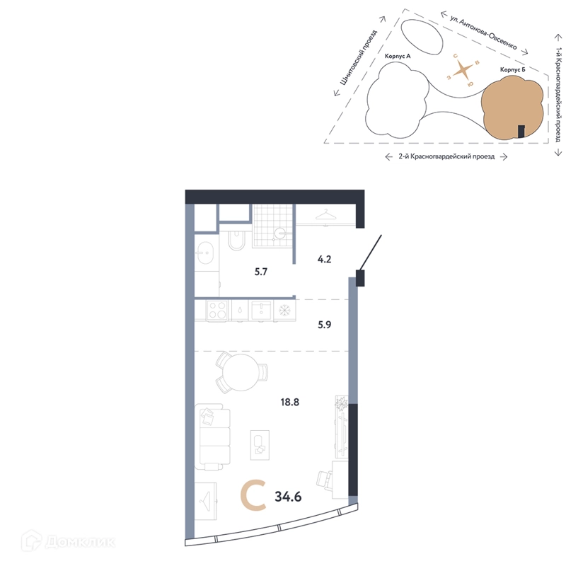 Студия 34.6 м² АУРУС Резиденции
