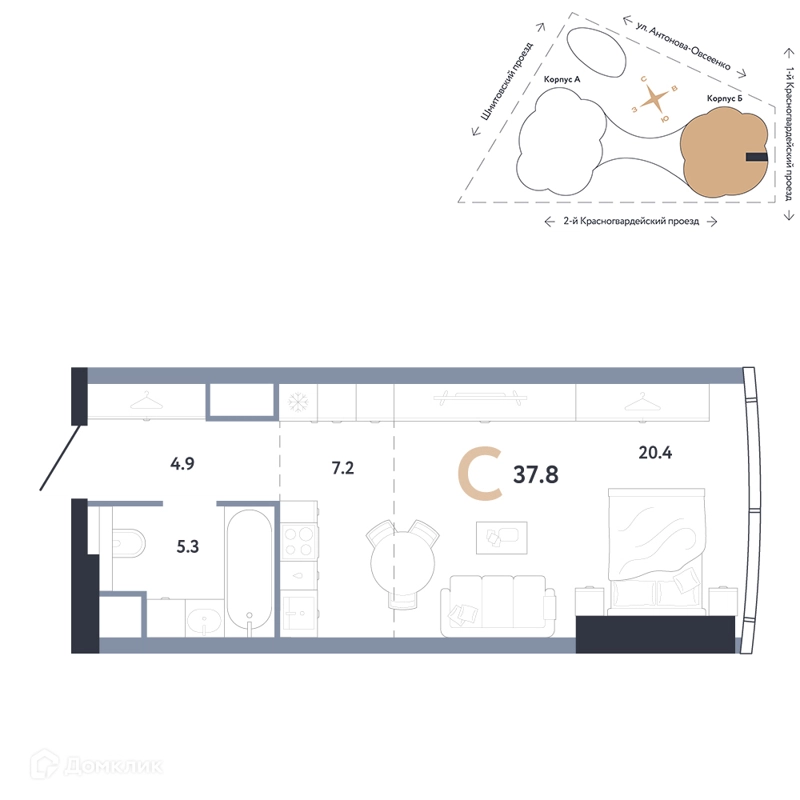 Студия 37.8 м² АУРУС Резиденции