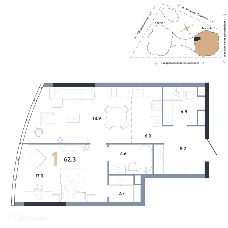 1-комнатная квартира 62.3 м² АУРУС Резиденции