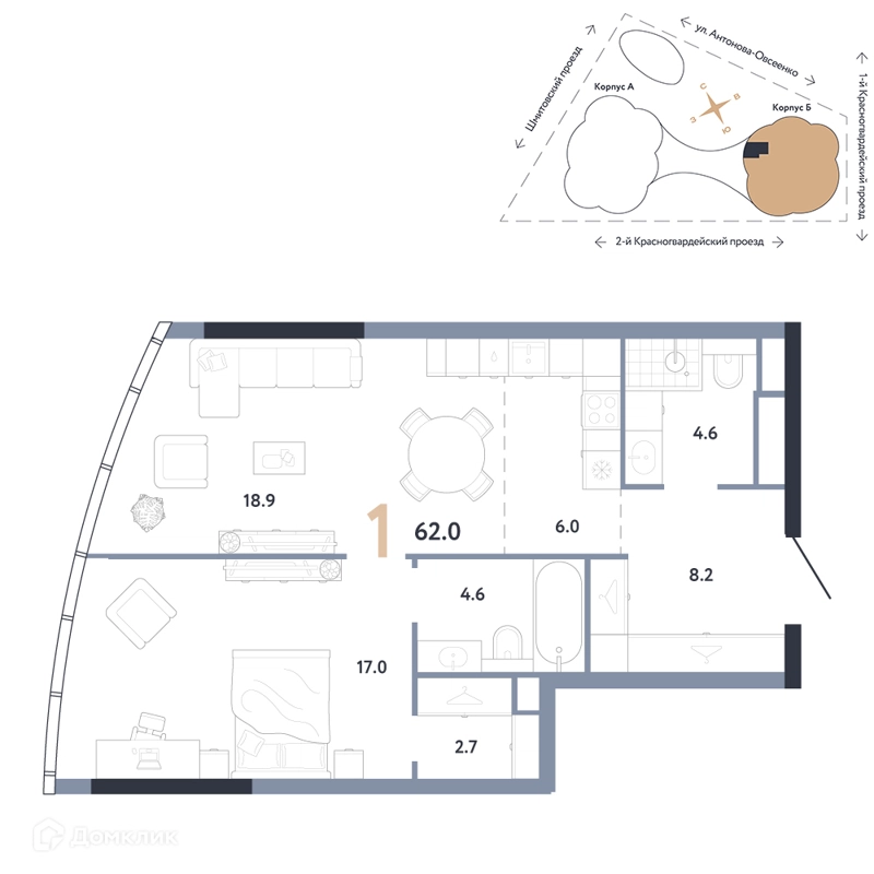 1-комнатная квартира 62 м² АУРУС Резиденции
