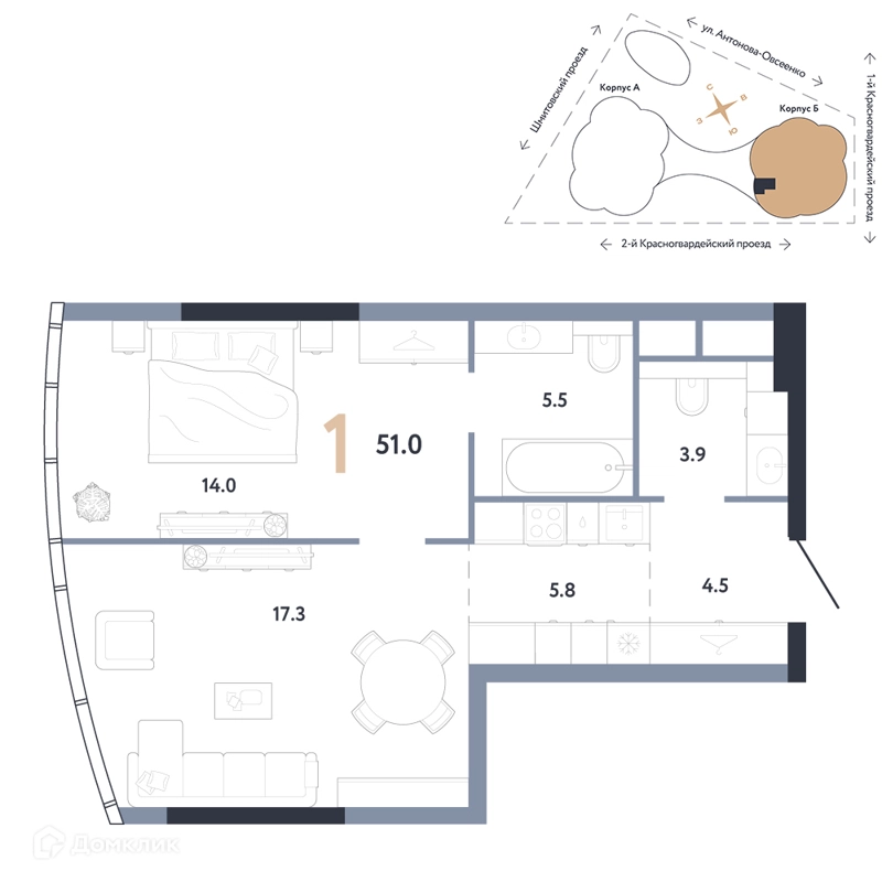 1-комнатная квартира 51 м² АУРУС Резиденции