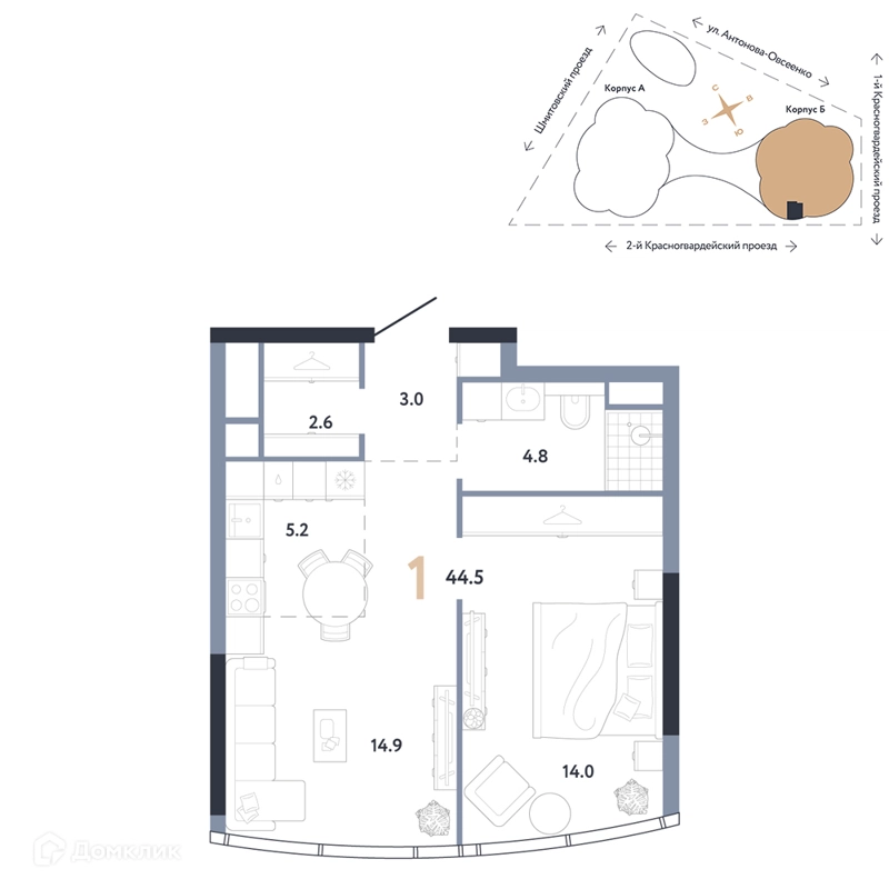 1-комнатная квартира 44.5 м² АУРУС Резиденции