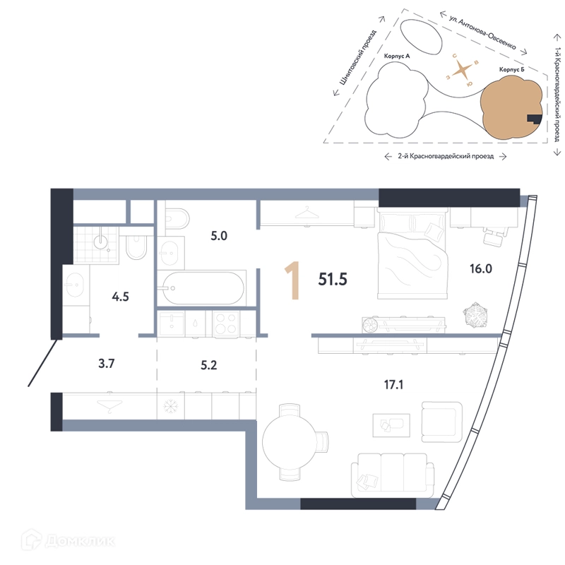 1-комнатная квартира 51.5 м² АУРУС Резиденции
