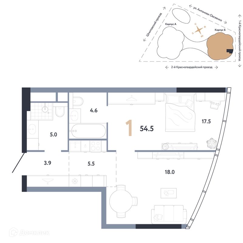 1-комнатная квартира 54.5 м² АУРУС Резиденции