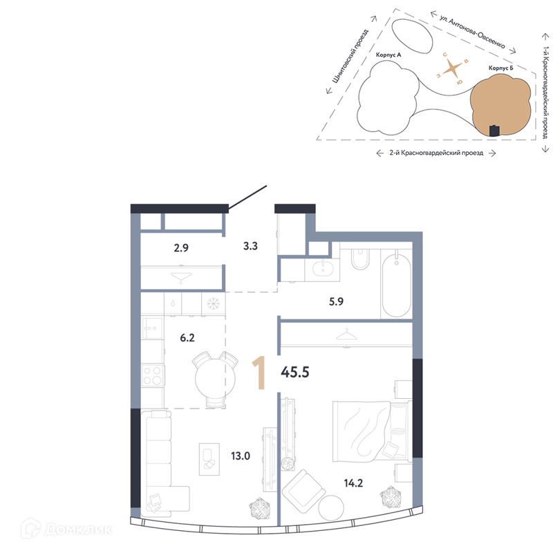 1-комнатная квартира 45.5 м² АУРУС Резиденции