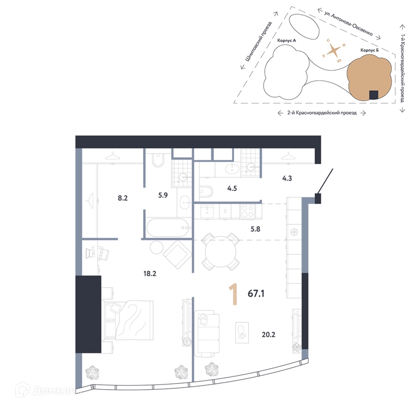 1-комнатная квартира 67.1 м² АУРУС Резиденции