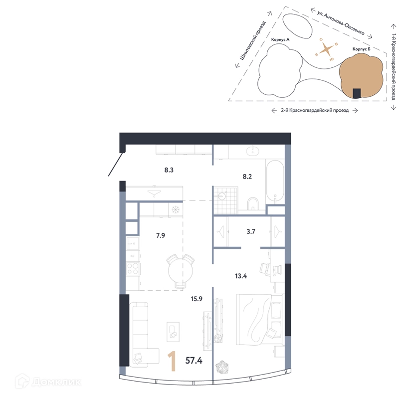 1-комнатная квартира 57.4 м² АУРУС Резиденции
