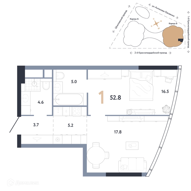 1-комнатная квартира 52.8 м² АУРУС Резиденции