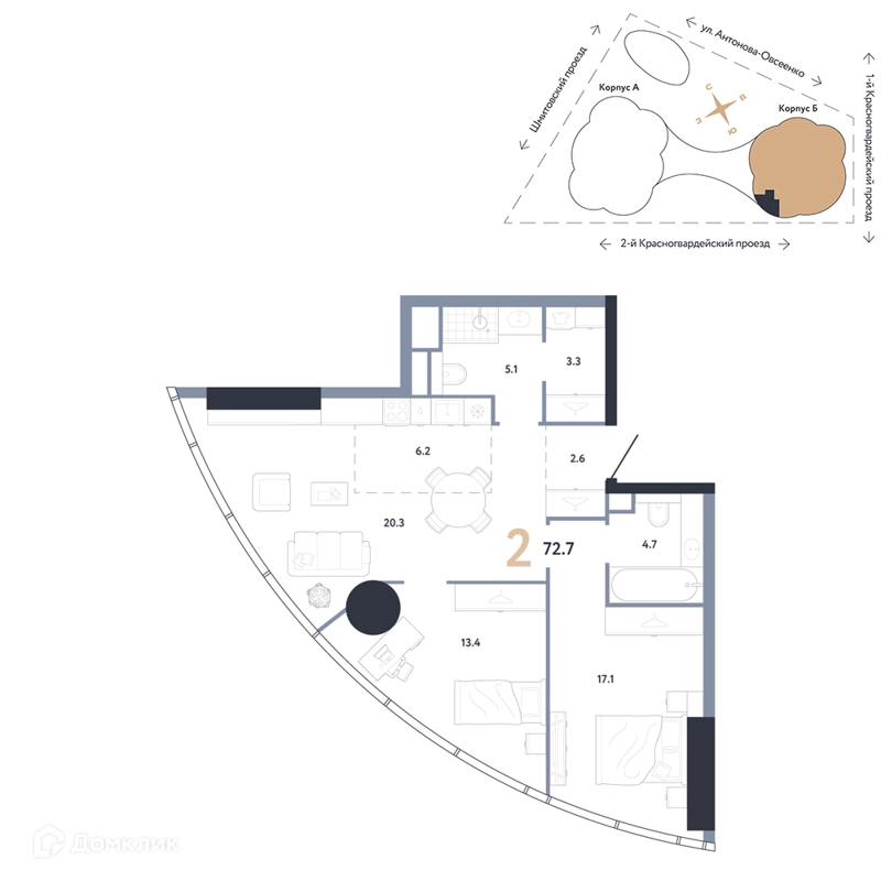 2-комнатная квартира 72.7 м² АУРУС Резиденции