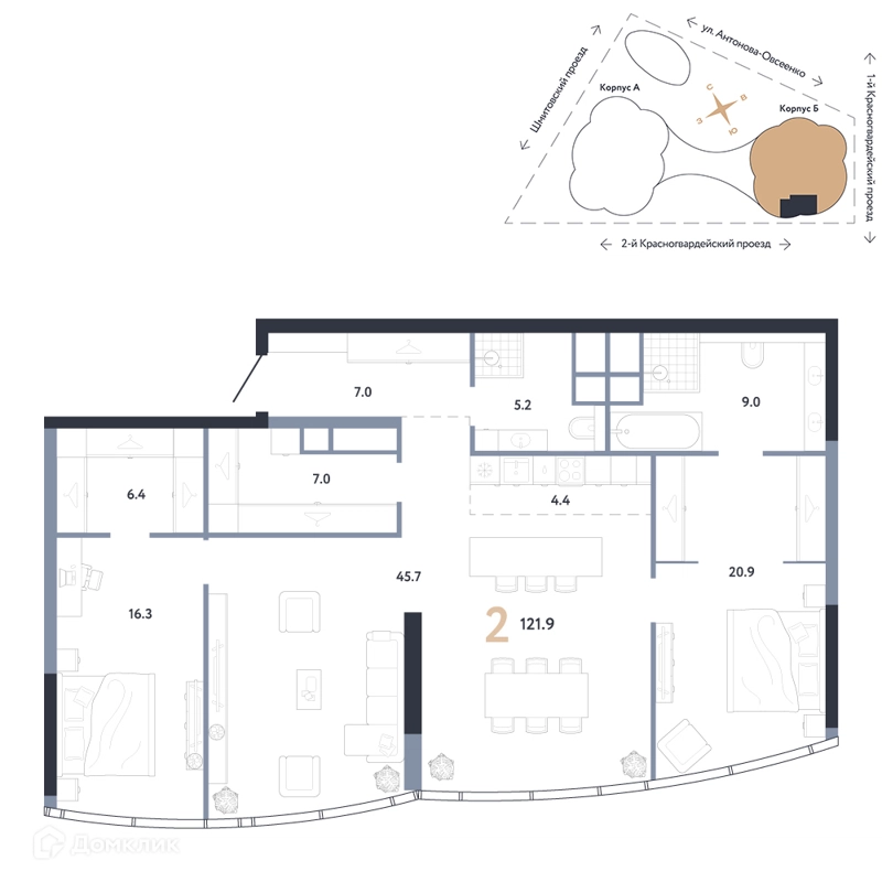 2-комнатная квартира 121.9 м² АУРУС Резиденции
