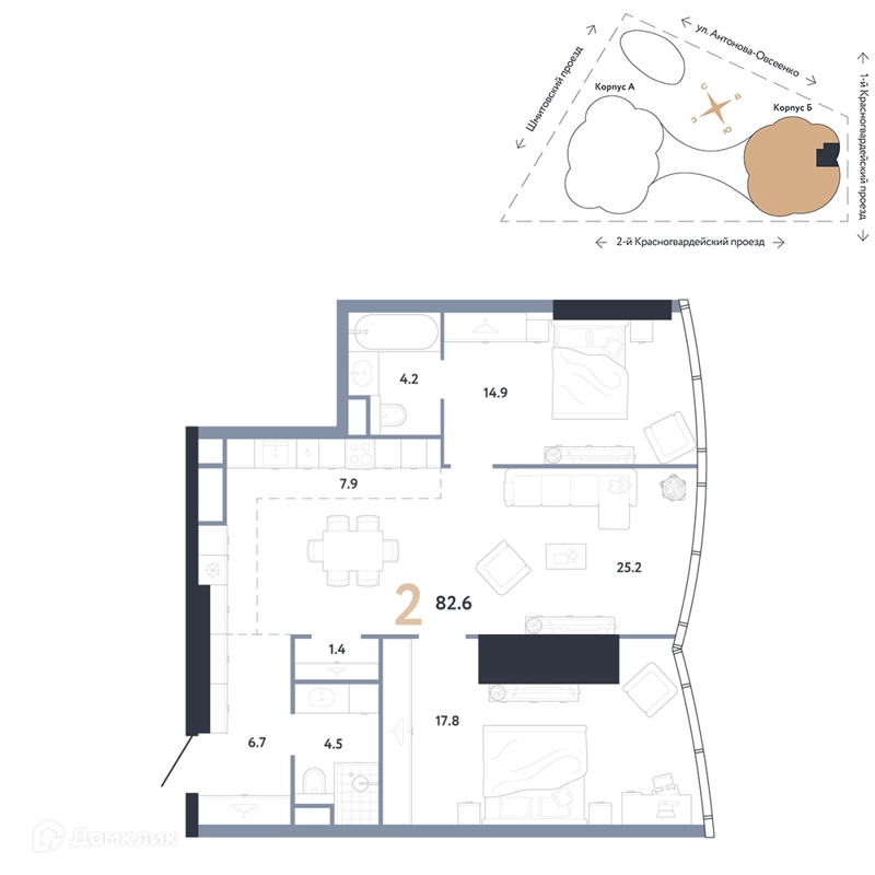 2-комнатная квартира 82.6 м² АУРУС Резиденции