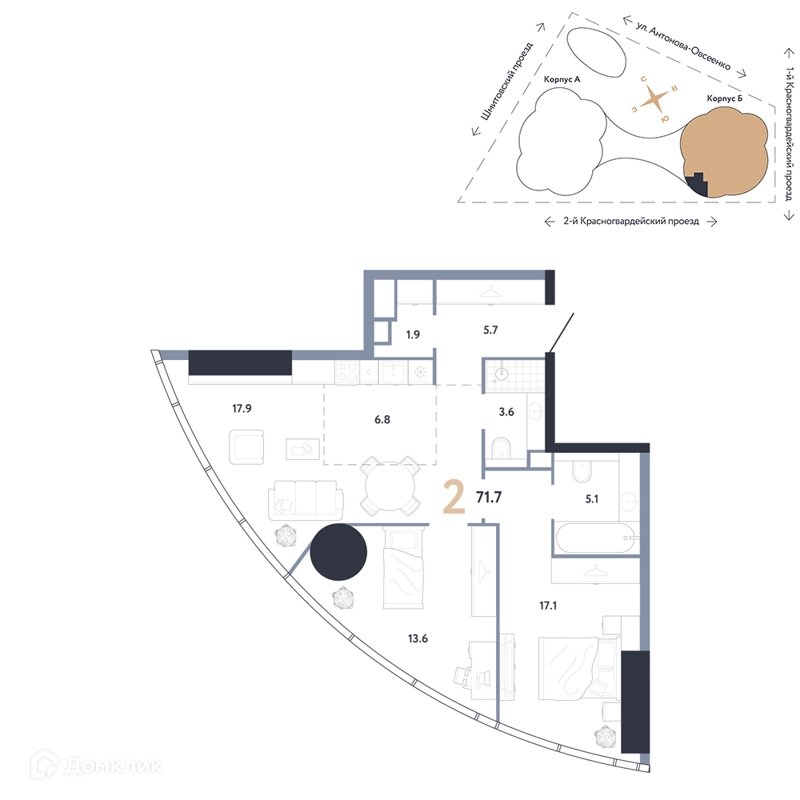 2-комнатная квартира 71.7 м² АУРУС Резиденции