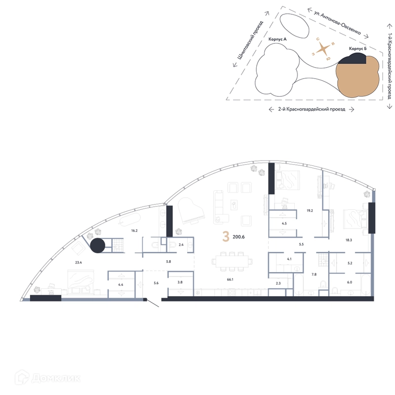 3-комнатная квартира 200.6 м² АУРУС Резиденции