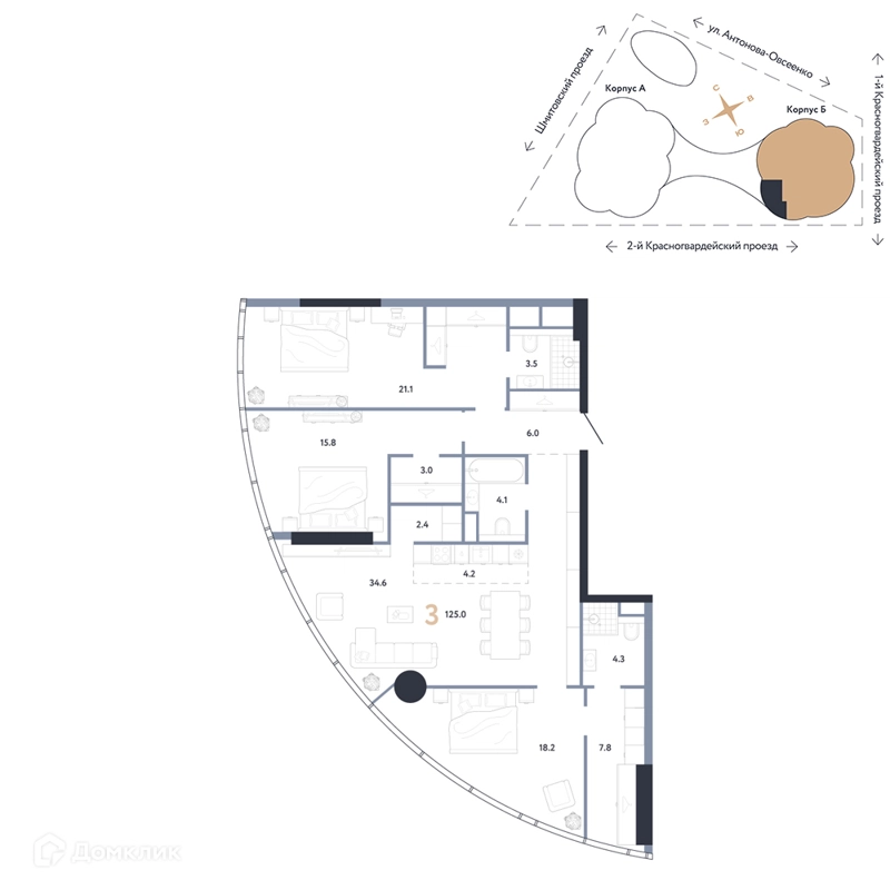 3-комнатная квартира 125 м² АУРУС Резиденции
